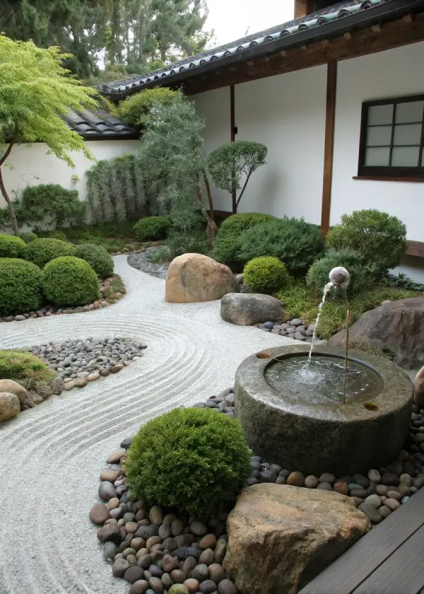 jardin zen avec fontaine
